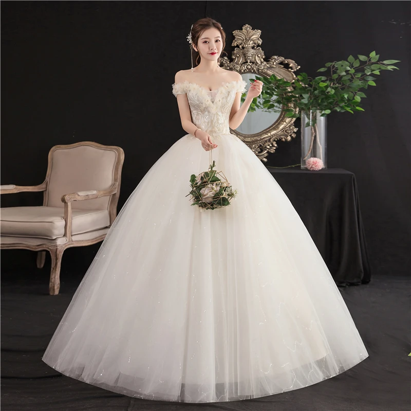 New Vestidos de Novia Sexy Off Shoulder Wedding Dress Sleeve Lace Embroidery Flowers Ball Gown Princess Plus Szie Bridal Dress