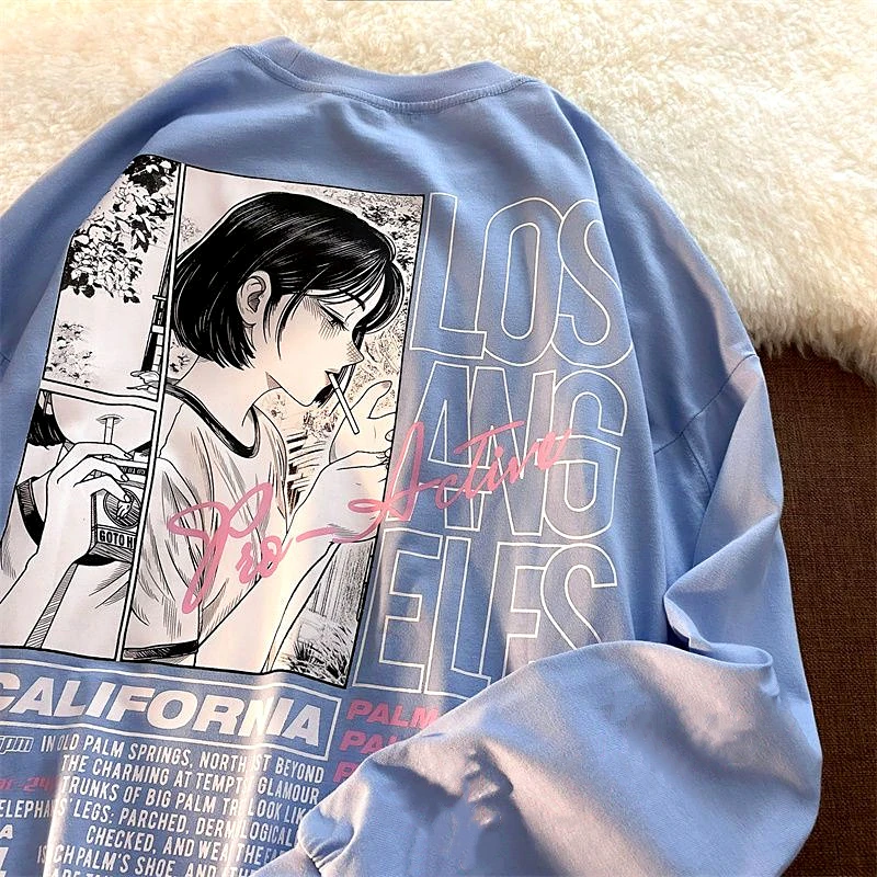 女性のための青い綿のTシャツ,楽しい文字がプリントされた衣服,Vネック,デザイナーブランド,ヴィンテージ,ストリートウェア,10代の服,2021