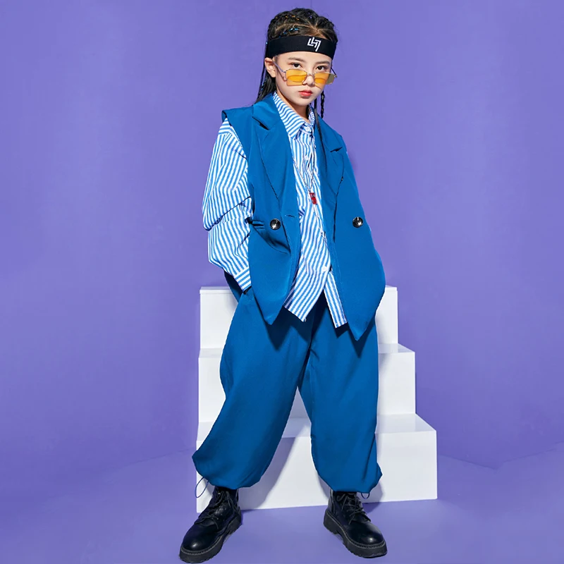 Children Jazz Costume Hip Hop Dance Clothes Girls Blue Vest Shirts Pants Long Sleeves Hiphop Suit Boys Concert Clothing BL7565