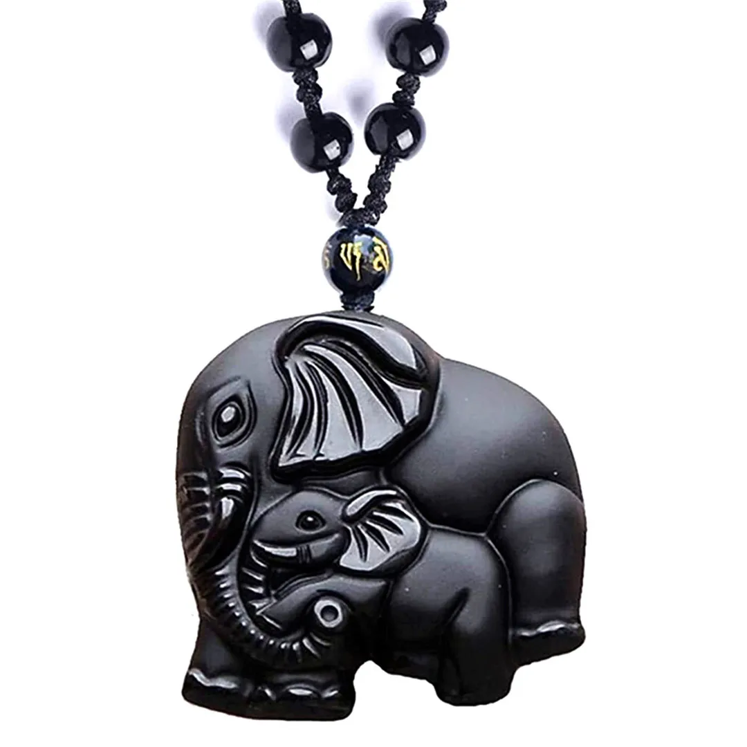 Natural Black Obsidian Pendant Necklace Jewelry For Women Men Amulet Gift Crystal Elephant Crafted Beads Stone Adjust Rope Chain