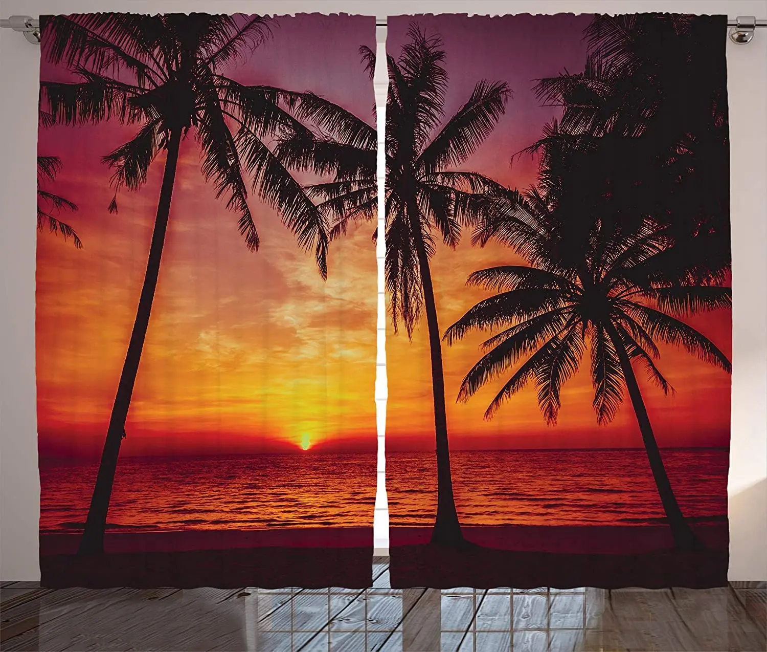 Tropical Curtains Sunset Tropical Beach with Palm Trees Peaceful Ocean Evening View Resort Living Room Bedroom Window Drapes