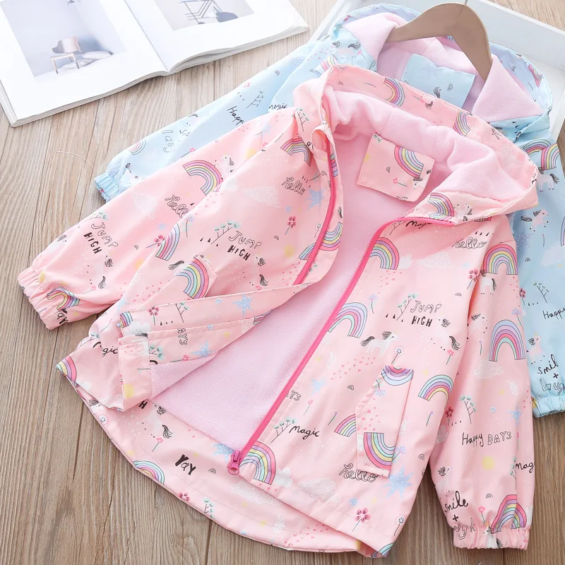 

Winter Waterproof Girls' Windbreaker Casual Cute Jacket for Girls Zipper Hoodies For Girl Kids Rainbow Christmas Children's Coat