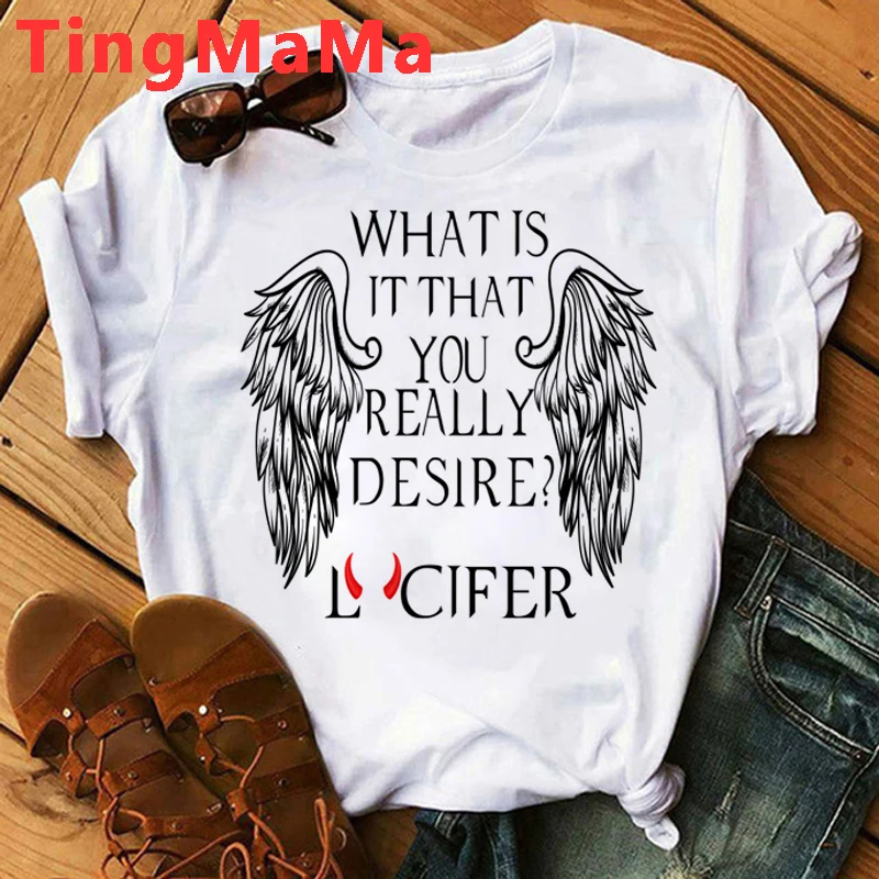 Funny Tops Tee Lucifer Morningstar T Shirt Men Kawaii Cartoon Harajuku Tshirt  TV Show Graphic Tees Unisex Fashion T-shirt Male