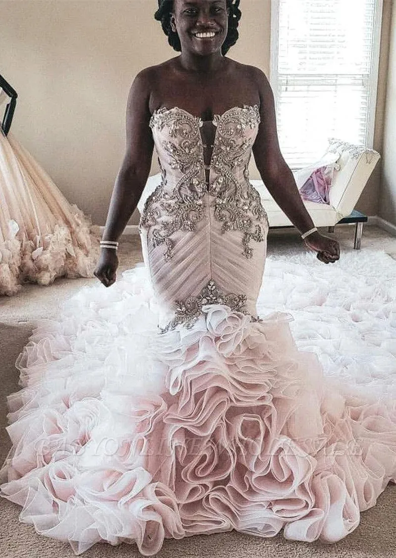 Vestidos de casamento sereia com babados em cascata, cristais querida, espartilho frisado, vestidos de noiva longos, vestidos africanos sem encosto, luxo, 2024