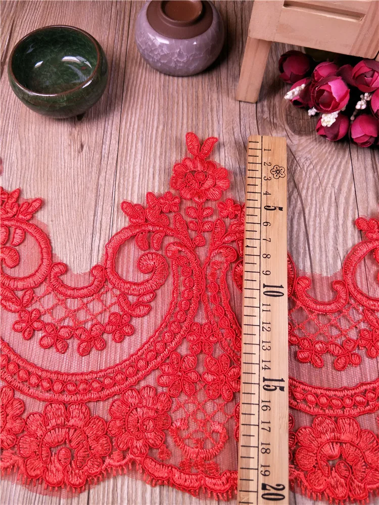 1Yard Ivory white Red Sequin Cording Fabric Flower Venise Venice Mesh Lace Trim Applique Sewing Craft for Wedding Dec. 20cm