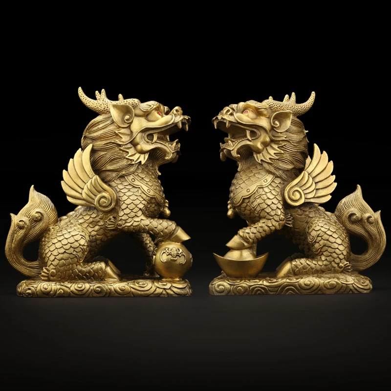 Feng Shui Set of Two Golden Brass Chi Lin/Kylin Wealth Prosperity Statue  Home Decoration Attract Wealth and Good Luck