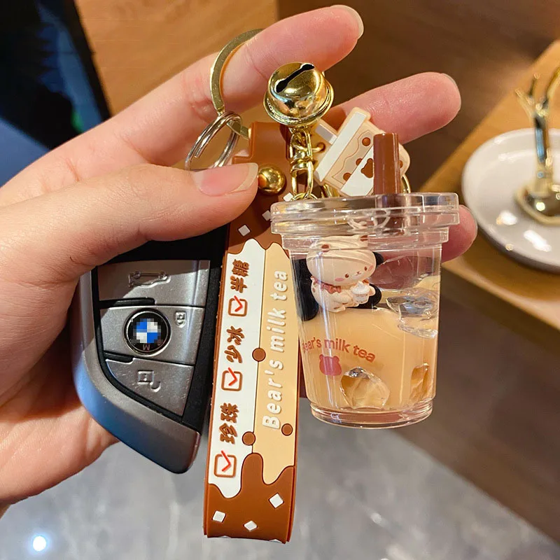 Cartoon Into Oild Pearl Milk Tea Bear Floating Liquid Keychain For Girl Bag Pendant Cute Mug Drink Bottle Keyring Key Charm Gift