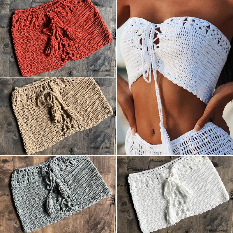 CROCHET BIKINI Sexy Women Knit Bandeau Bikini Top Solid Lace Up Swimwear Top Swimsuit Handmade Crochet Bikini Biquinis Feminino