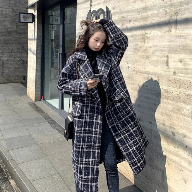 Womens Fashion Winter Loose Fit Plaid Woolen Blends Overcoat Vintage Ladies Long Jacket Autumn Winter Casual Streetwear Coats