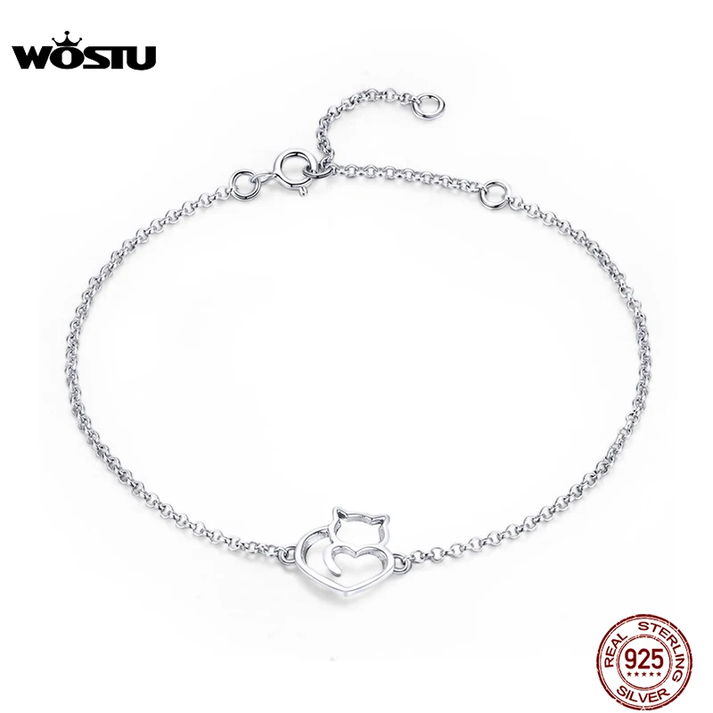 

Женский браслет WOSTU, из 100% стерлингового серебра 925 пробы с милой кошкой и Китти браслет с регулируемой цепочкой, серебряные украшения для вечеринок CQB102