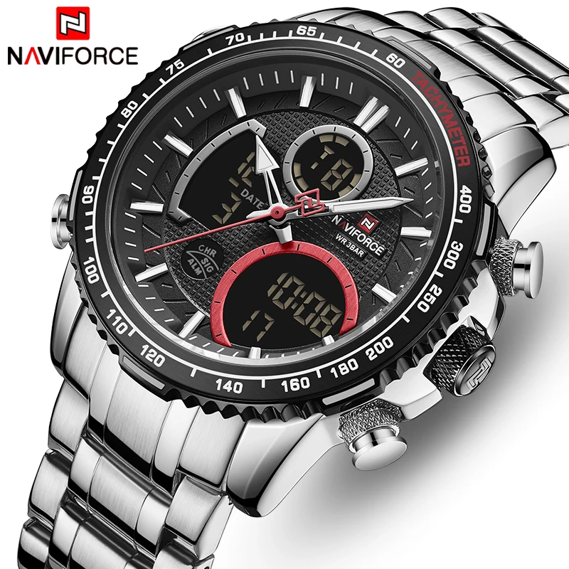 NAVIFORCE Brand Watch Men Stainless Steel Band Waterproof Quartz Wristwatch Big Sports Chronograph Clock Watches Date Male Reloj