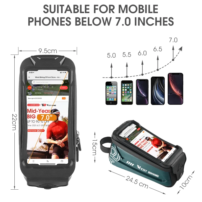 WEST BIKING Bicycle Bag Bike Frame Bag 7.0 inch Phone Case Waterproof Touch Screen MTB Bike Top Tube Handlebar Cycling Bags