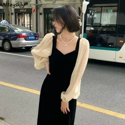 Long Sleeve Dress Women Chic Elegant Ulzzang Female Casual Patchwork Party Retro Lovely Streetwear Autumn V-neck Mid-calf Simple