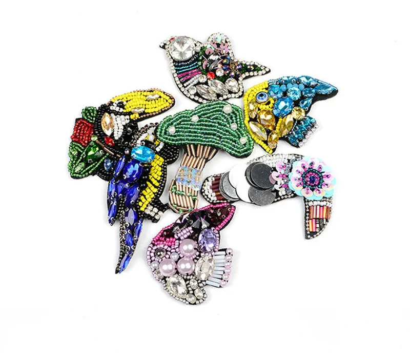 High Quality parrot  bird mushroom clothing patch sew on beads applique for clothes DIY hat shoes bags patches fashion DIY