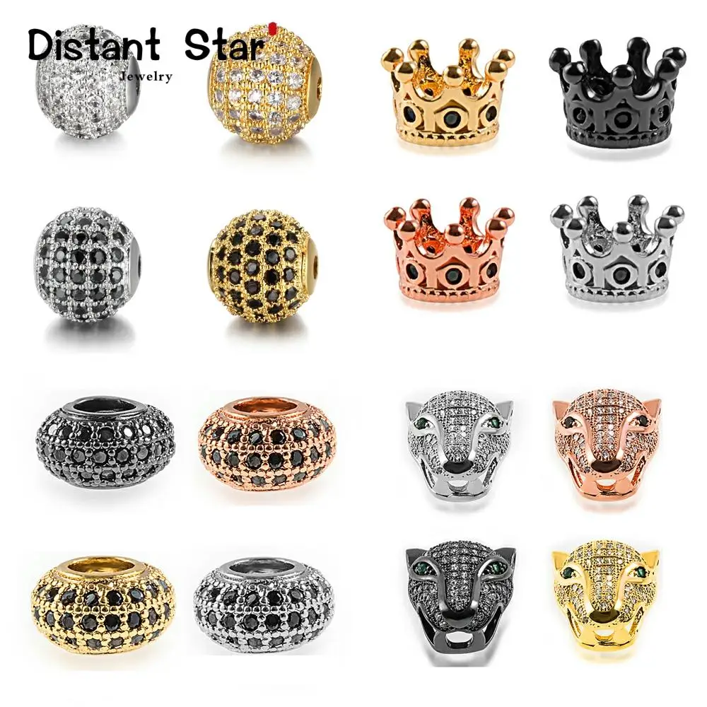 hot sale round skull leopard head micro pave cz brass zirconia beads for diy making bracelet jewelry accessories beads wholesale