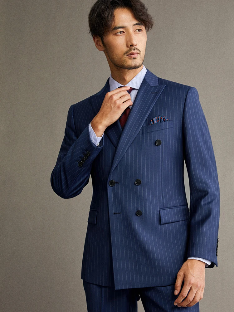 100% Wool Double Breasted Men Suit Deep Blue Striped Casual Mens Suits With Pants Wedding Groom Suits Man Slim Fit Blazer