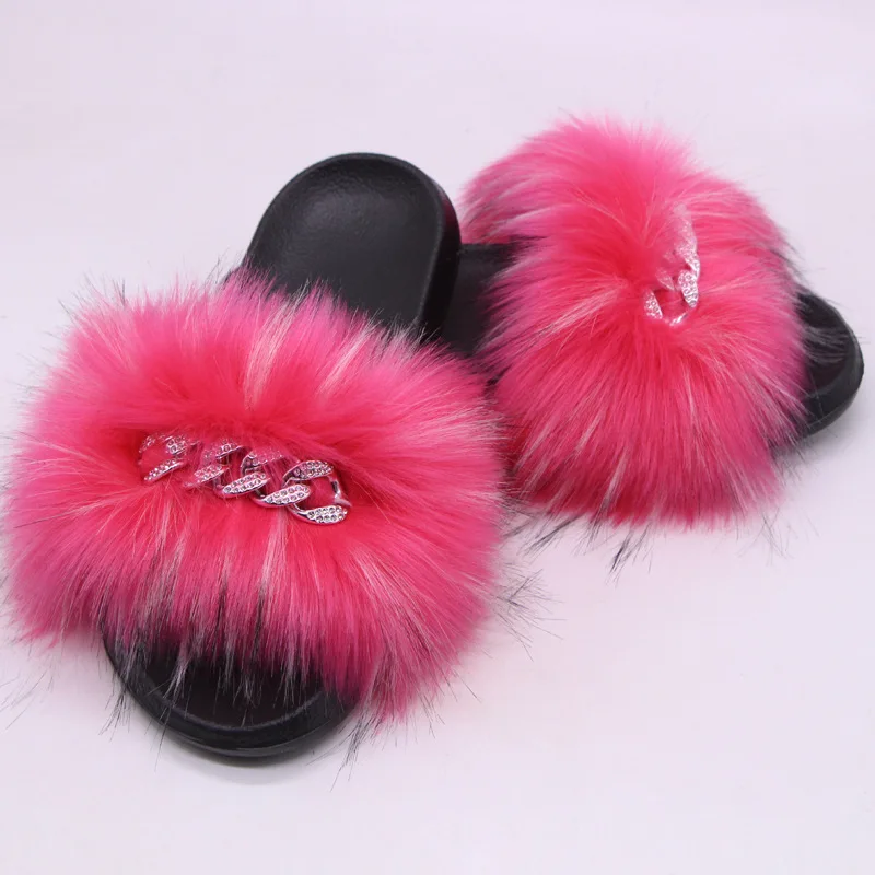 Nuova primavera e l\'estate finto procione come pantofole di pelliccia sandali piatti da donna e pantofole di peluche in mogano scarpe basse calde