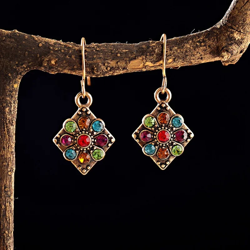 Ethnic Boho Square Statement Rhinestone Earrings For Women Exaggerate Earrings Natural Stones Earring Wedding Jewelry