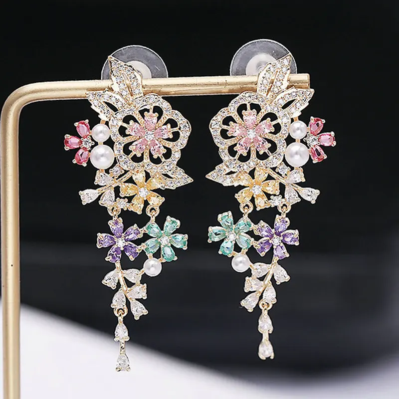 

1pair Colorful CZ Flower Earring Drop Luxury Tassel Earrings Exquisite Earrings Drop Fashion Jewelry for Woman Gift 2 Color