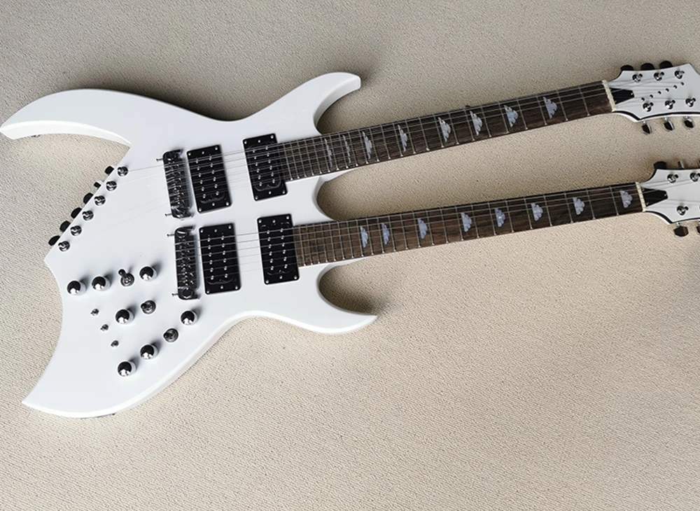 

White 12+6 Strings Double Necks Electric Guitar with Hubuckers Pickups,Rosewood Fretboard