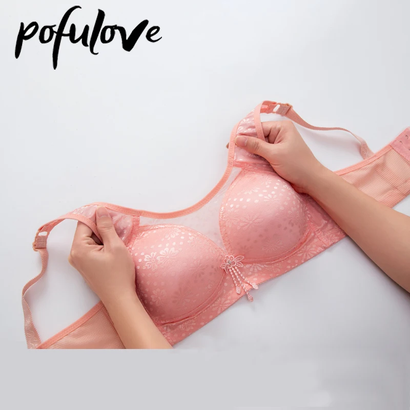 Plus Size Bras for Women Lace Sexy Push Up Bra Floral Bralette Wireless Seamless Underwear Thin Wide Straps Mesh Brassiere Pink