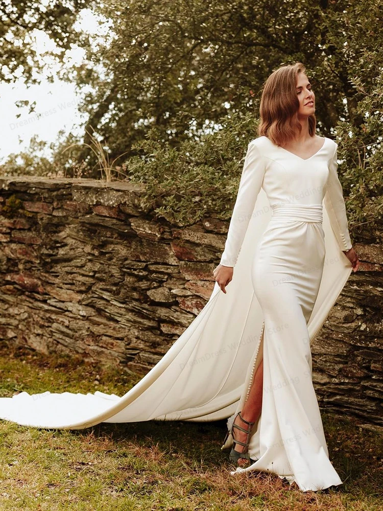 Robe de mariée sirène sexy pour femme, manches longues, robe de patients Scoop, train de balayage, élégante robe de mariée blanche pour femme civile