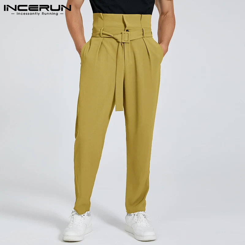 INCERUN Men Casual Pants Joggers High Waist Streetwear Loose Trousers With Belt 2024 Solid Color Fashion Leisure Pantalon S-5XL