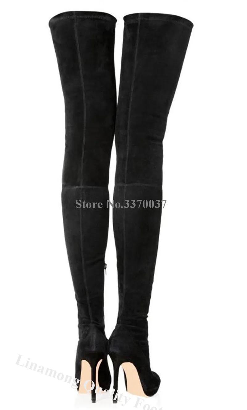 Linamong Fashion Round Toe Suede Leather Stiletto Heel Over Knee Boots Slim Black Bandage Thigh High Long Boots Dress Shoes