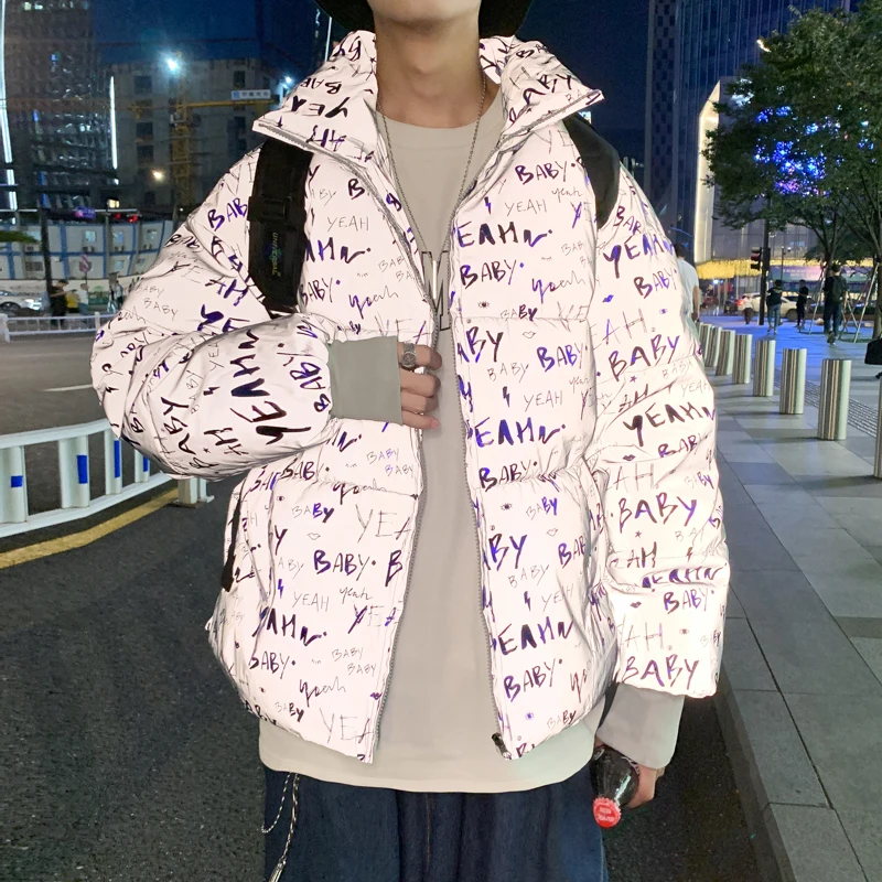 

Winter Loose Jacket Men Reflective Letter Printed Harajuku Parkas Coat Oversized High Street Hip Hop Warm Cotton Coat Outwear