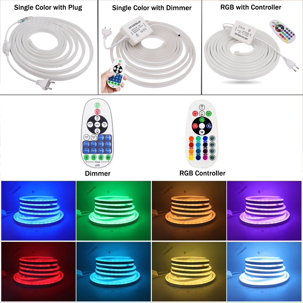 220V RGB Neon Light LED Strip Light z zdalnym ściemniaczem Flex Neon Rope Wodoodporna taśma neonowa do dekoracji Wtyczka EU