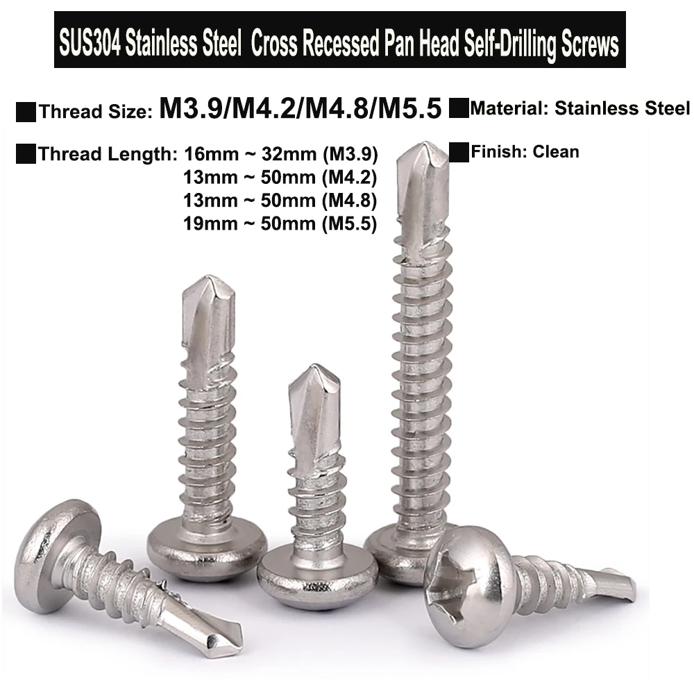 M3.9 M4.2 M4.8 M5.5 SUS304 Stainless Steel Phillips Cross Recessed Pan Head Self-Drilling Tapping Screws