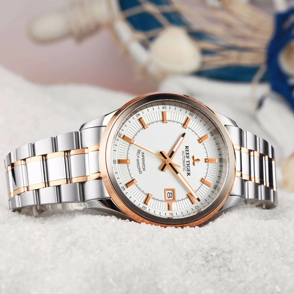 Reef Tiger/RT Steel/Rose Gold Two Tone Business Dress Men Watch  Miyota 9015 Movement Super Luminous Automatic Mechanical Watch