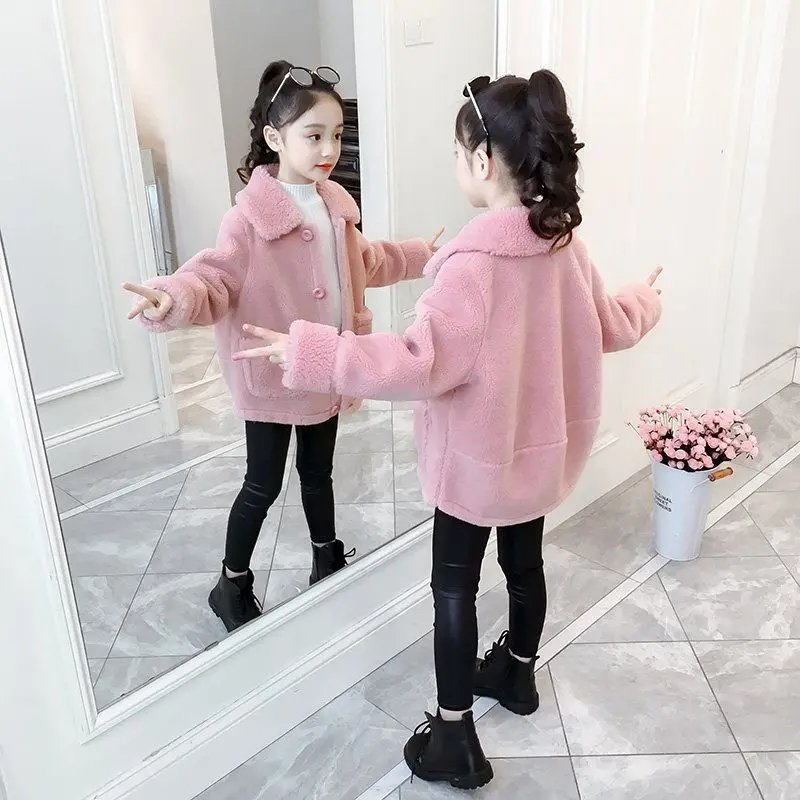 

Girls Baby's Coat Jacket Outwear Pink Solid Fur Thicken Winter Plus Velvet Warm Fleece Sport Cotton Outfits Children's Clothing