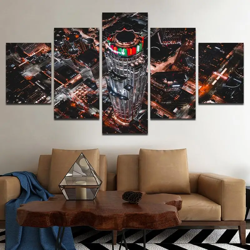 5pcs Overlooking Of City Skyscrapers Canvas Painting Printed Poster City Cityscape Painting Frameless Home Decoration