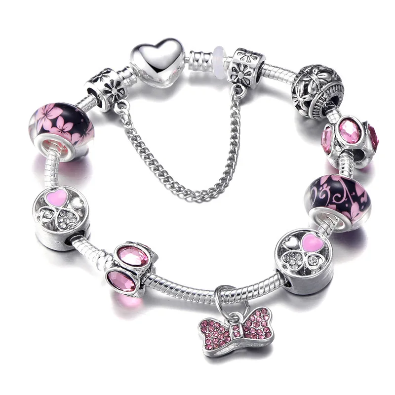 New Pandora style DIY fashion bracelet pink bow diy beaded finished gift