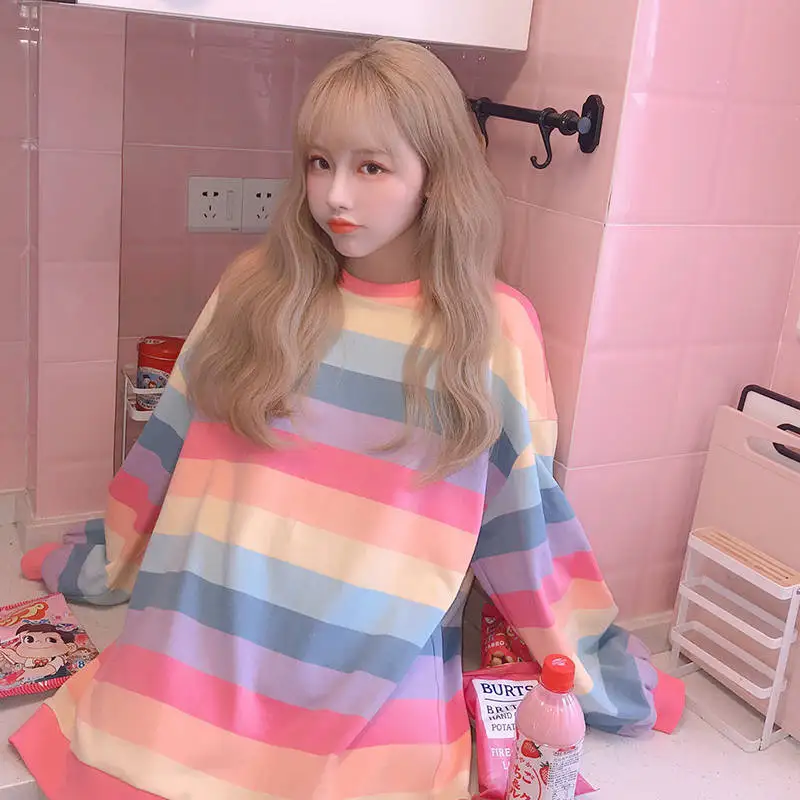 Autumn Ulzzang Chic Casual Long Sleeve Woman Striped T-Shirt Rainbow Female Cute Harajuku Oversized T Shirts Streetwear Femme