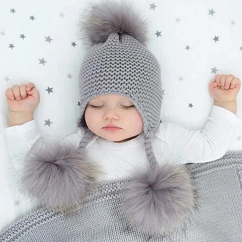 Inverno bebê gorro chapéu crianças earflap boné crianças 3 pompom pele lã chapéu natural pele real pom pom chapéu para meninas meninos