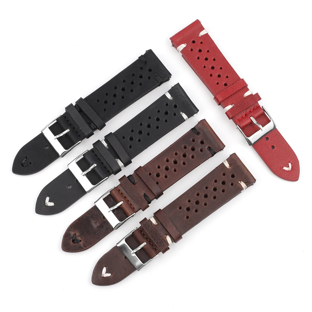 

Porous Leather Watch Band 19mm 20mm 22mm 24mm Breathable Watch Strap Handmade Stitching Quick Release Watchbands Black Brown Red