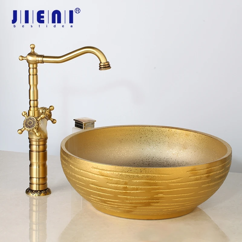 

JIENI Golden Ceramic Wash Basin Vessel Sink & Antique Brass Bathroom Faucet Art Sink Set Plated Golden Ceramic Basin Tap Set