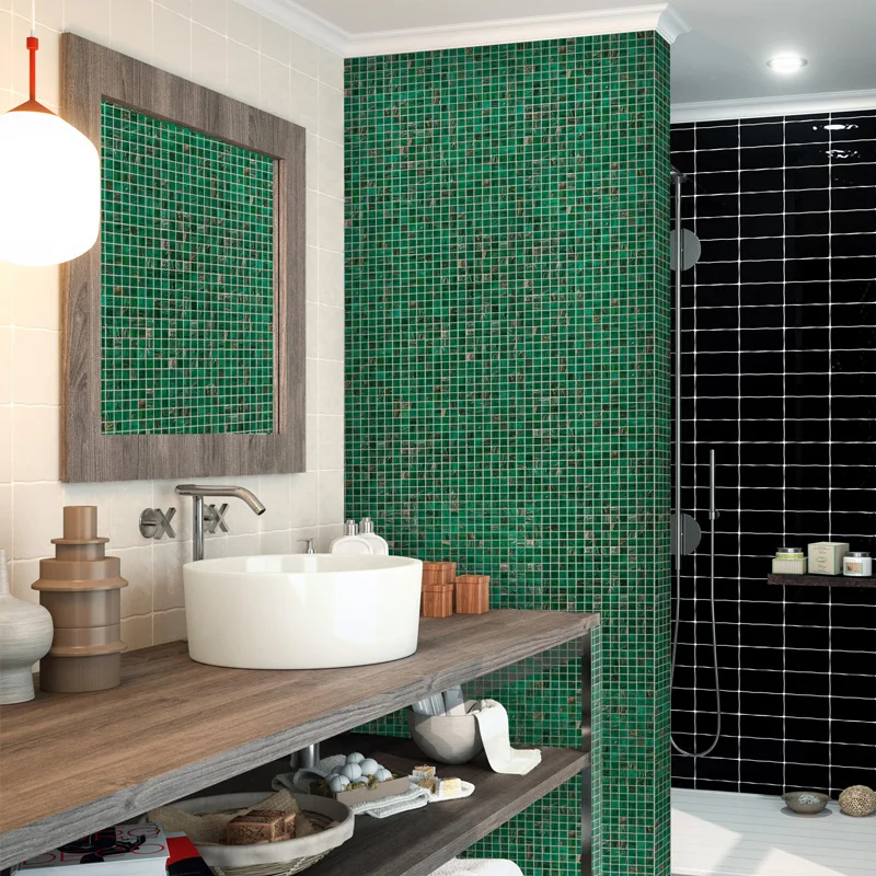 11 PCS Retro Forest Green Glass Gold Line Mosaic Tile Wall Bathroom Living Room Kitchen Balcony Background DIY Craft Material