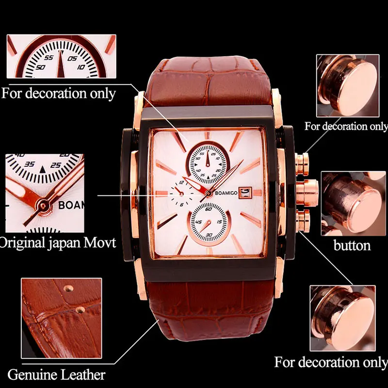 BOAMIGO men quartz watches large dial fashion casual sports watches rose gold sub dials clock brown leather male wrist watches