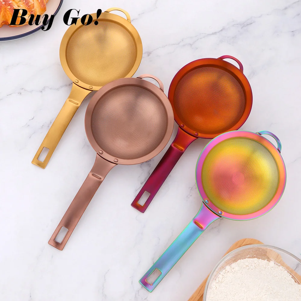 1PC Stainless Steel Screen Mesh Strainer With Handle Gold Flour Sieve Cooking Oil Colander Kitchen Accessories сито для муки