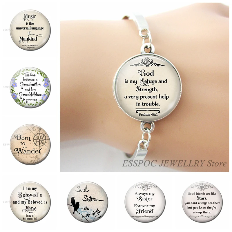 God Is My Refuge and Strengh Bible Psalms Quote Verse Bracelet Bible Glass Cabochon Jewelry Bangle Women Gifts