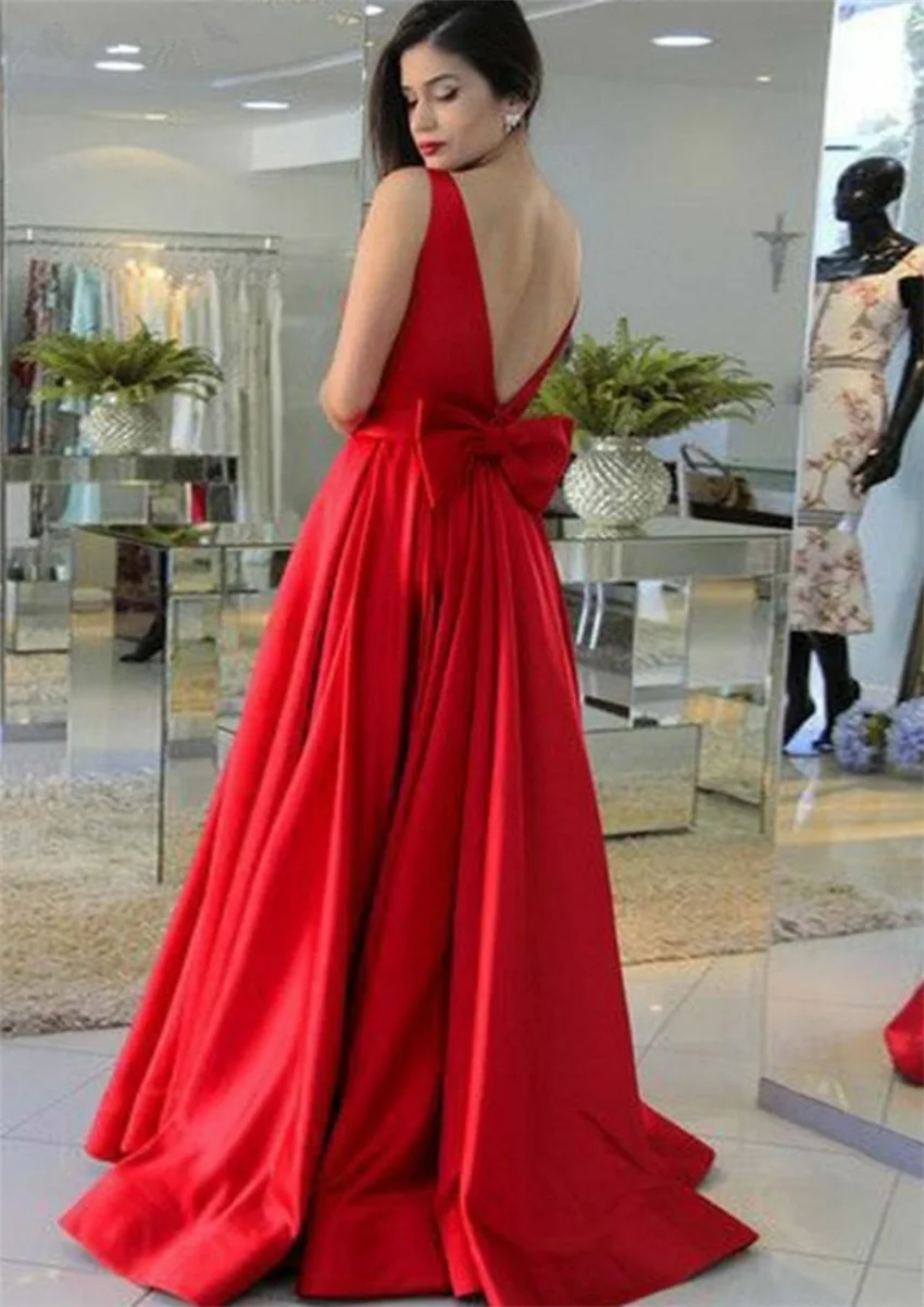 NUOXIFANG Robe De Soiree Luxus Red Satin Abendkleider Sexy Low Back Bogen Einfache Elegante Prom Formale Kleider 2020 Benutzerdefinierte maß