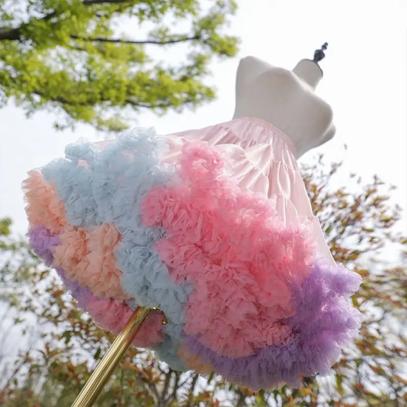 Womens Elastic Waist Puffy Tulle Petticoat Rainbow Cloud Short Tutu Skirt Princess 45cm Ballet Dance Pettiskirts Lolita Cosplay