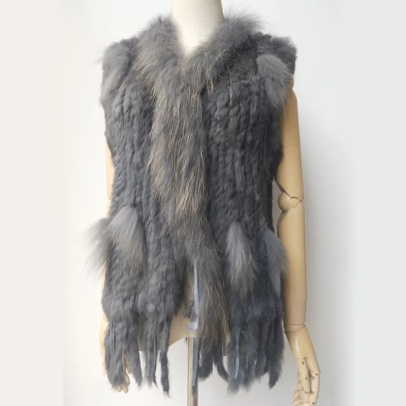 Natural Real Rabbit Fur Knitted Vest With Tassel Genuine Fur Warm Sleeveless Women Fur Gilet With Real Raccoon Fur Trimming