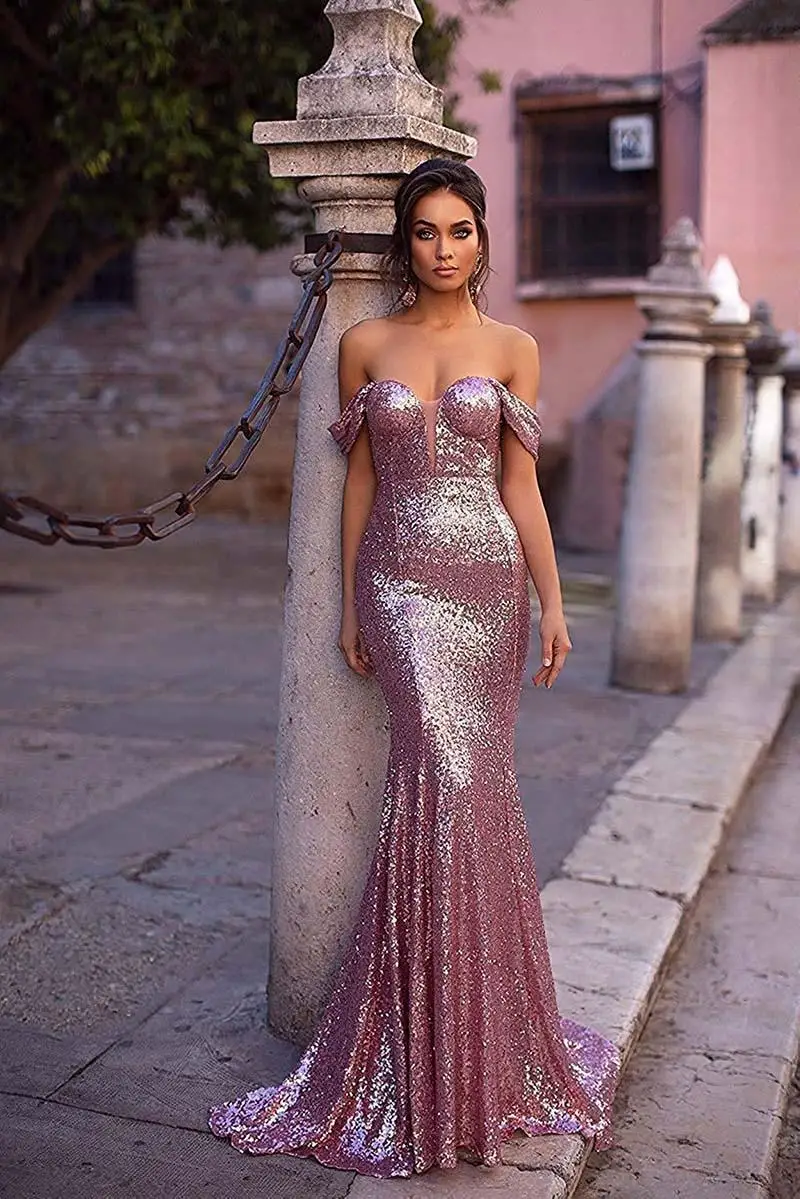 Rose Gold Mermaid Sequin ชุดราตรี Gowns Off ไหล่ค็อกเทลปาร์ตี้ชุดสำหรับเจ้าสาวแขนหมวกประกวดชุด Plus ขนาด