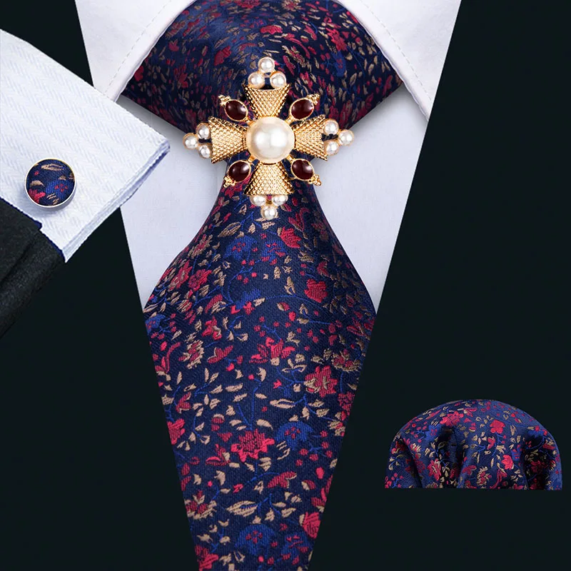 Barry.Wang Men Blue Red Floral Fashion Tie for Bridegroom 8.5cm Width Necktie Hanky Brooch Set for Wedding Tie Groom Business