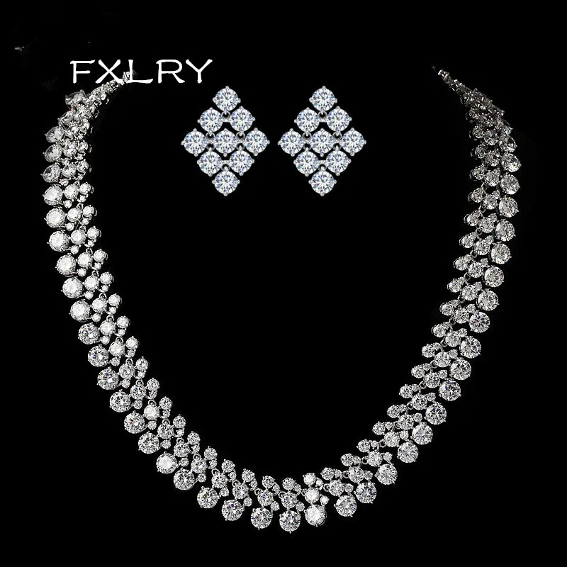 

FXLRY New Luxurious Europe Style White Color AAA Zircon Geometric Earrings And Chain Necklaces Wedding Jewelry Sets