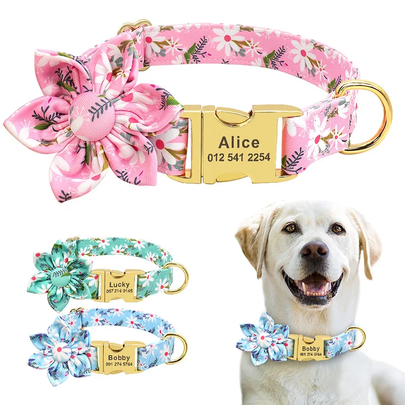 Flowers pet dog collar lettering anti loss golden hair Teddy small large collar traction rope Quick delivery personal name